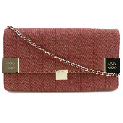 CHANEL Shoulder Bag Cotton canvas Red Chocolate bar line ChainShoulder Women