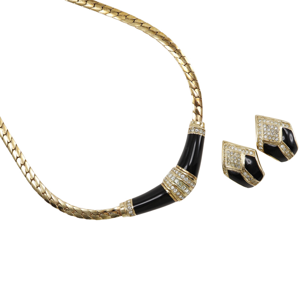 Christian Dior Necklace Plated Gold, Rhinestones gold vintage Earing set Women
