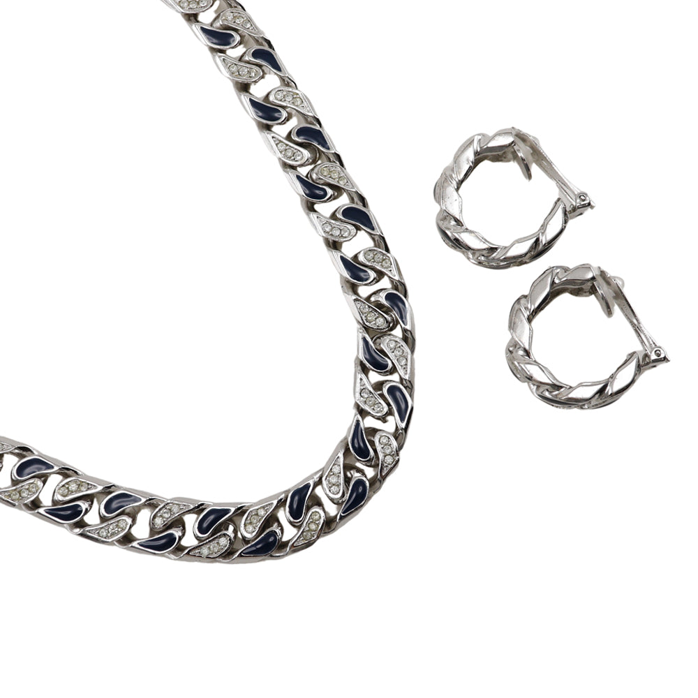 Christian Dior Necklace Metal, Rhinestone Silver vintage Earing set Women