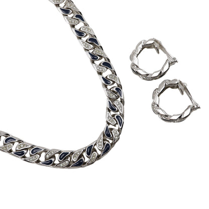 Christian Dior Necklace Metal, Rhinestone Silver vintage Earing set Women