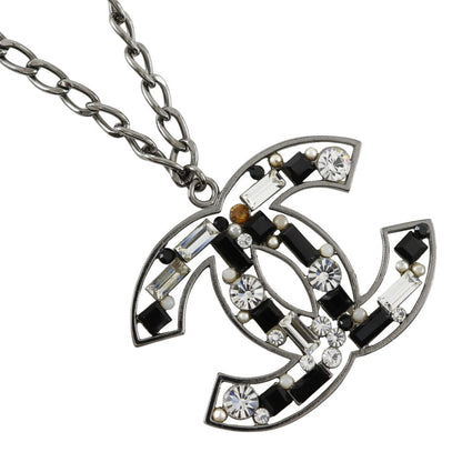 CHANEL Necklace Metal, Rhinestone Silver / black COCO Mark