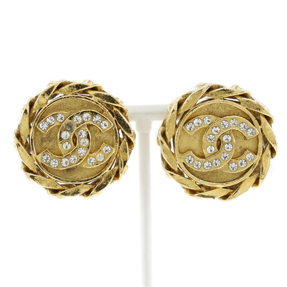 CHANEL Earring Plated Gold, Rhinestones gold vintage Chain COCO Mark Women