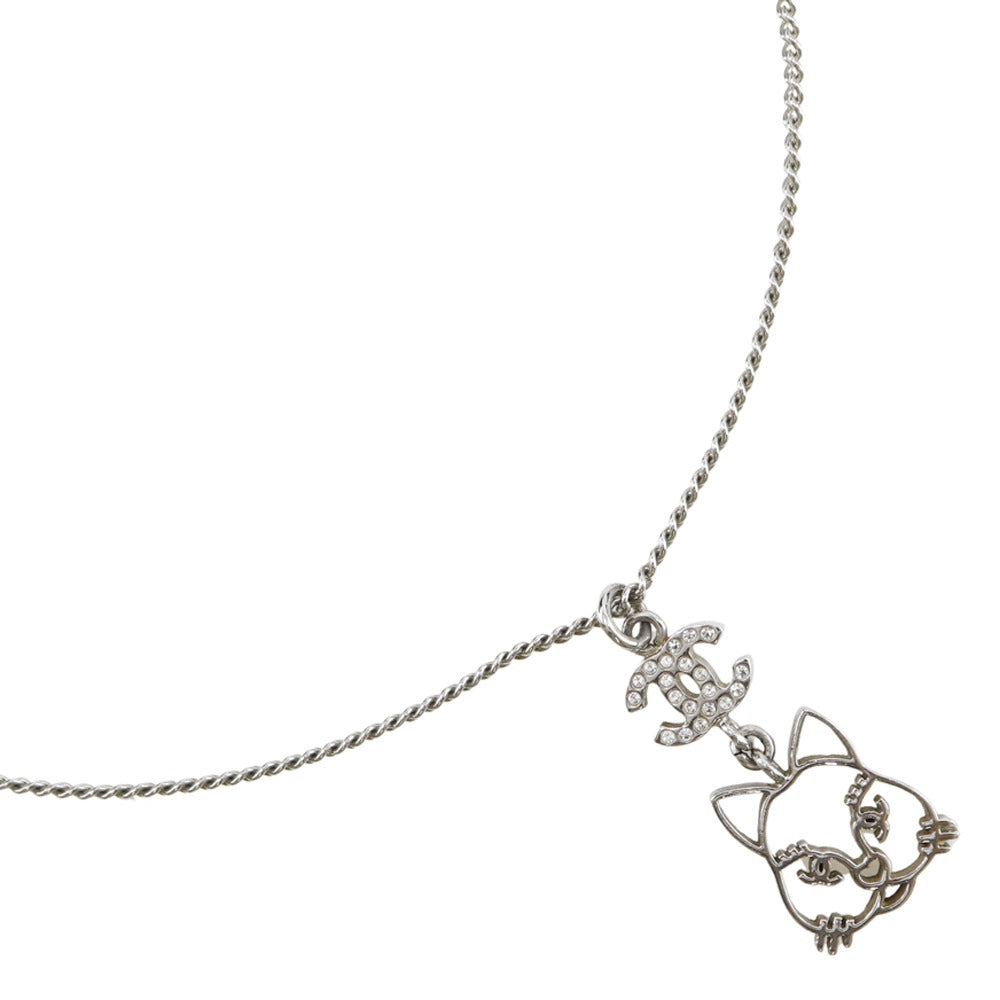 CHANEL Necklace Rhinestones, Silver Plated Silver Cat cat COCO Mark