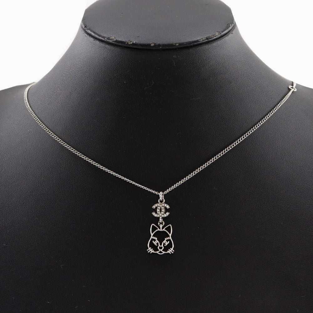 CHANEL Necklace Rhinestones, Silver Plated Silver Cat cat COCO Mark