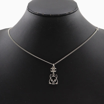CHANEL Necklace Rhinestones, Silver Plated Silver Cat cat COCO Mark