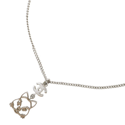 CHANEL Necklace Rhinestones, Silver Plated Silver Cat cat COCO Mark