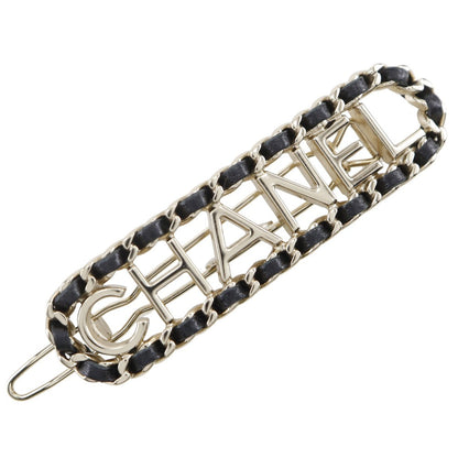 CHANEL Valletta Leather, Plated Gold black Chain Barrette CHANEL logo