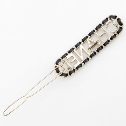 CHANEL Valletta Leather, Plated Gold black Chain Barrette CHANEL logo