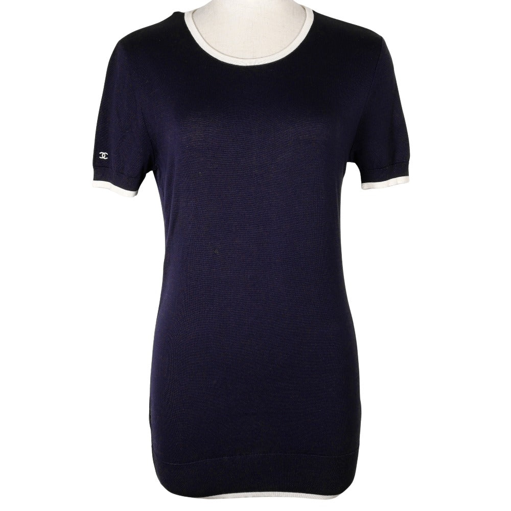 CHANEL knit P06382 cotton Navy blue 96P Short sleeve Women 38