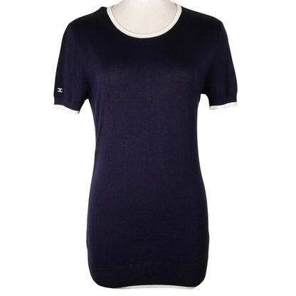 CHANEL knit P06382 cotton Navy blue 96P Short sleeve Women 38