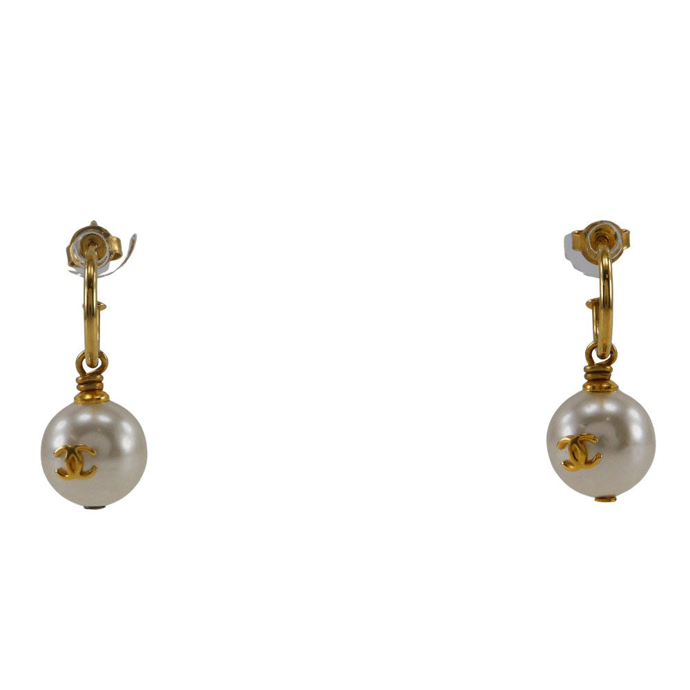 CHANEL Pierce Plated Gold, Faux Pearl gold hoop COCO Mark