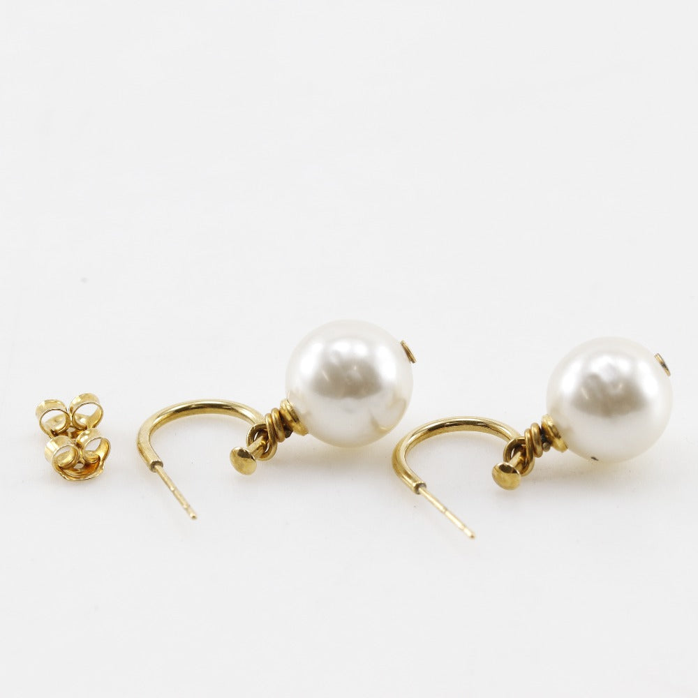 CHANEL Pierce Plated Gold, Faux Pearl gold hoop COCO Mark