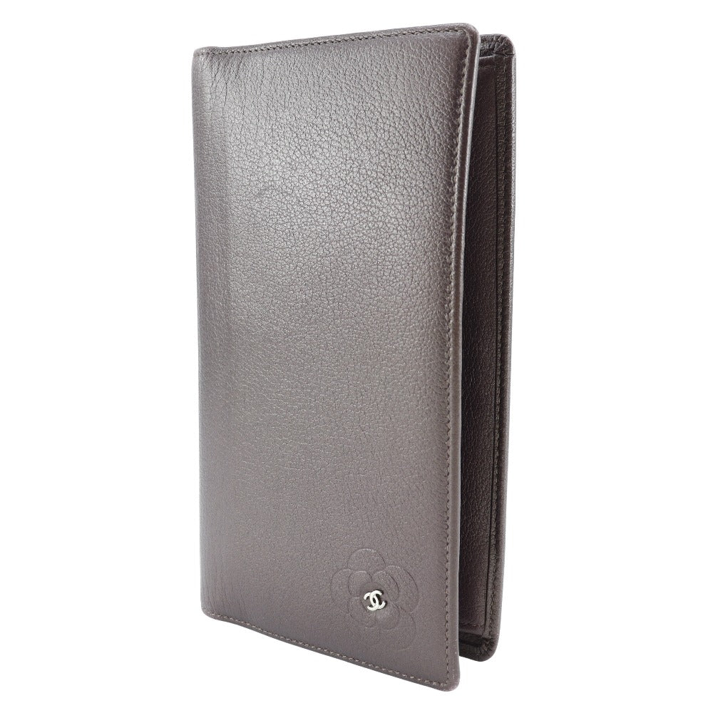 CHANEL Long Wallet Purse leather Metallic purple Camellia COCO Mark Women