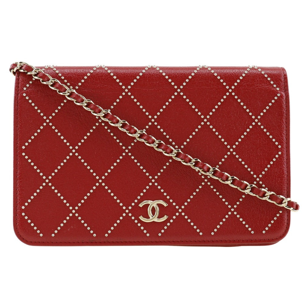 CHANEL Wallet Chain Calfskin Red ChainShoulder Matrasse Studs Women