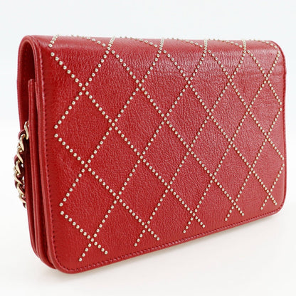 CHANEL Wallet Chain Calfskin Red ChainShoulder Matrasse Studs Women