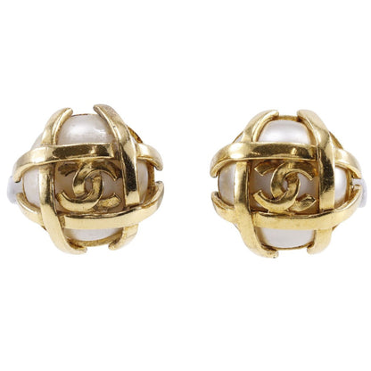 CHANEL Earring Plated Gold, Faux Pearl gold vintage COCO Mark Women