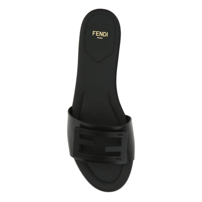 Fendi Ff Cutout Flat Leather Sandals In Nero