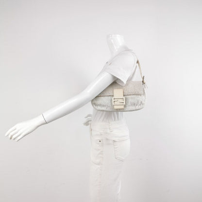 Fendi Baguette Vintage White Glitter Beads Brown Leather