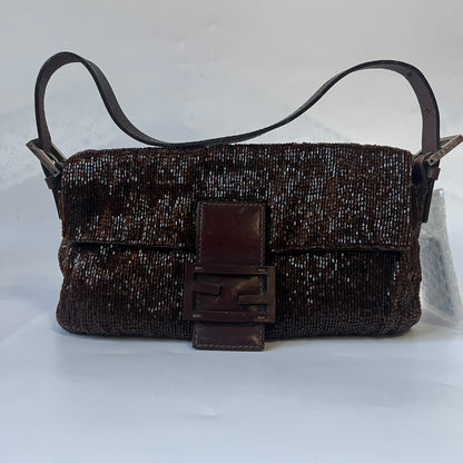 Fendi Baguette Vintage Dark Chocolate Brown Glitter Beads