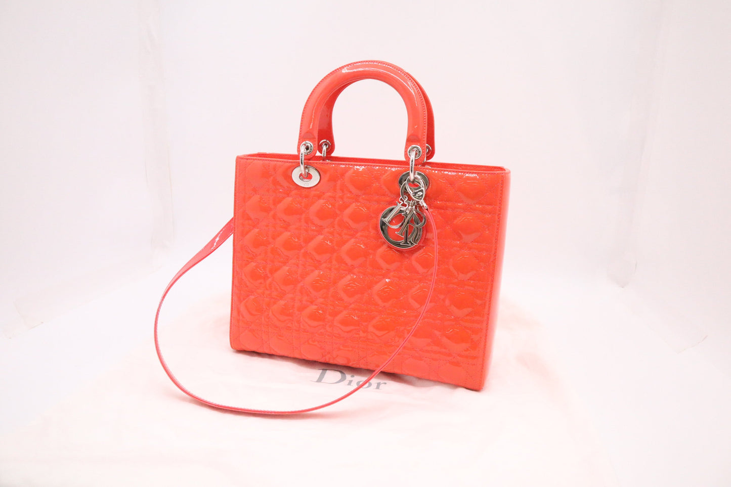 Dior Lady Dior Large in Orange Cannage Patent Leather
