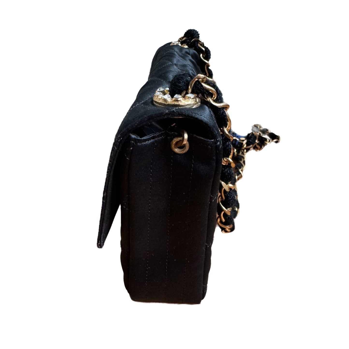 Chanel Classic Flap Mini Vintage Black Silk Satin Gem CC Buckle Crossbody Bag