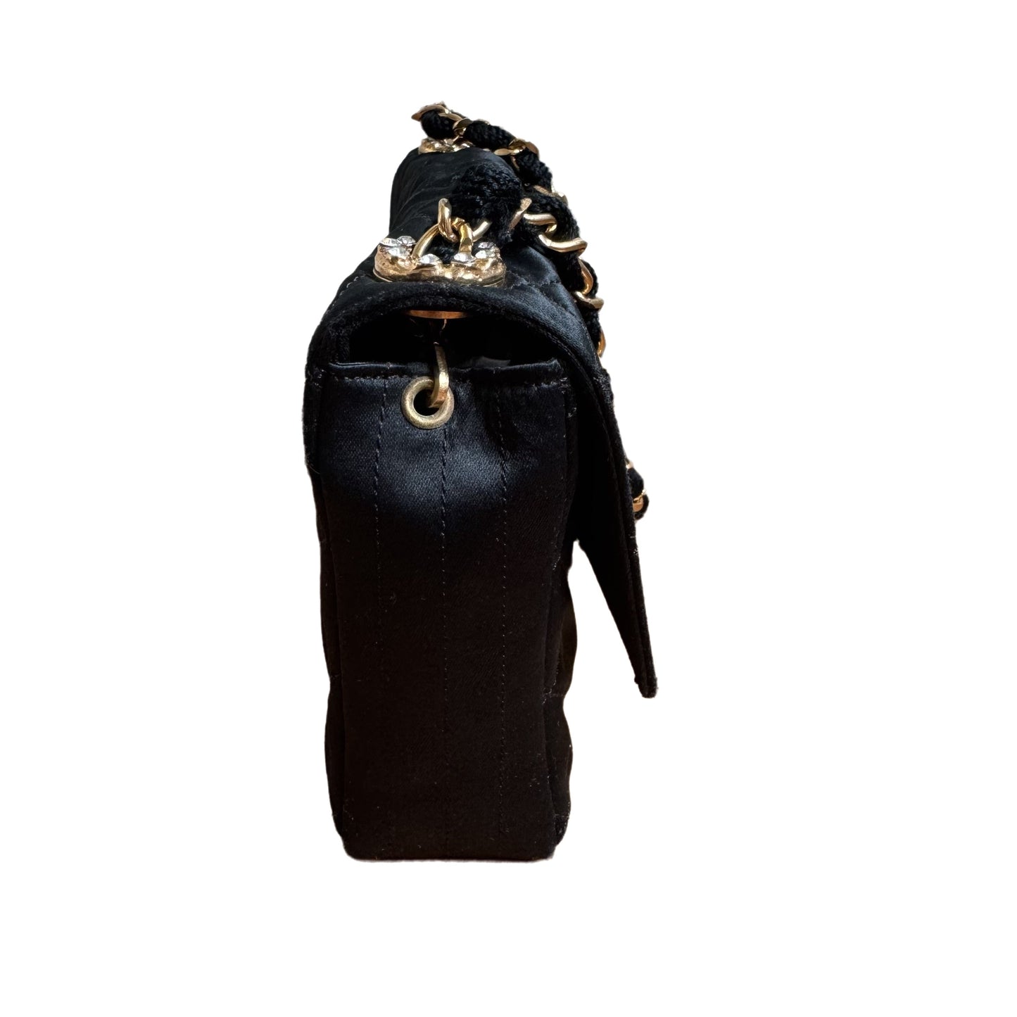 Chanel Classic Flap Mini Vintage Black Silk Satin Gem CC Buckle Crossbody Bag