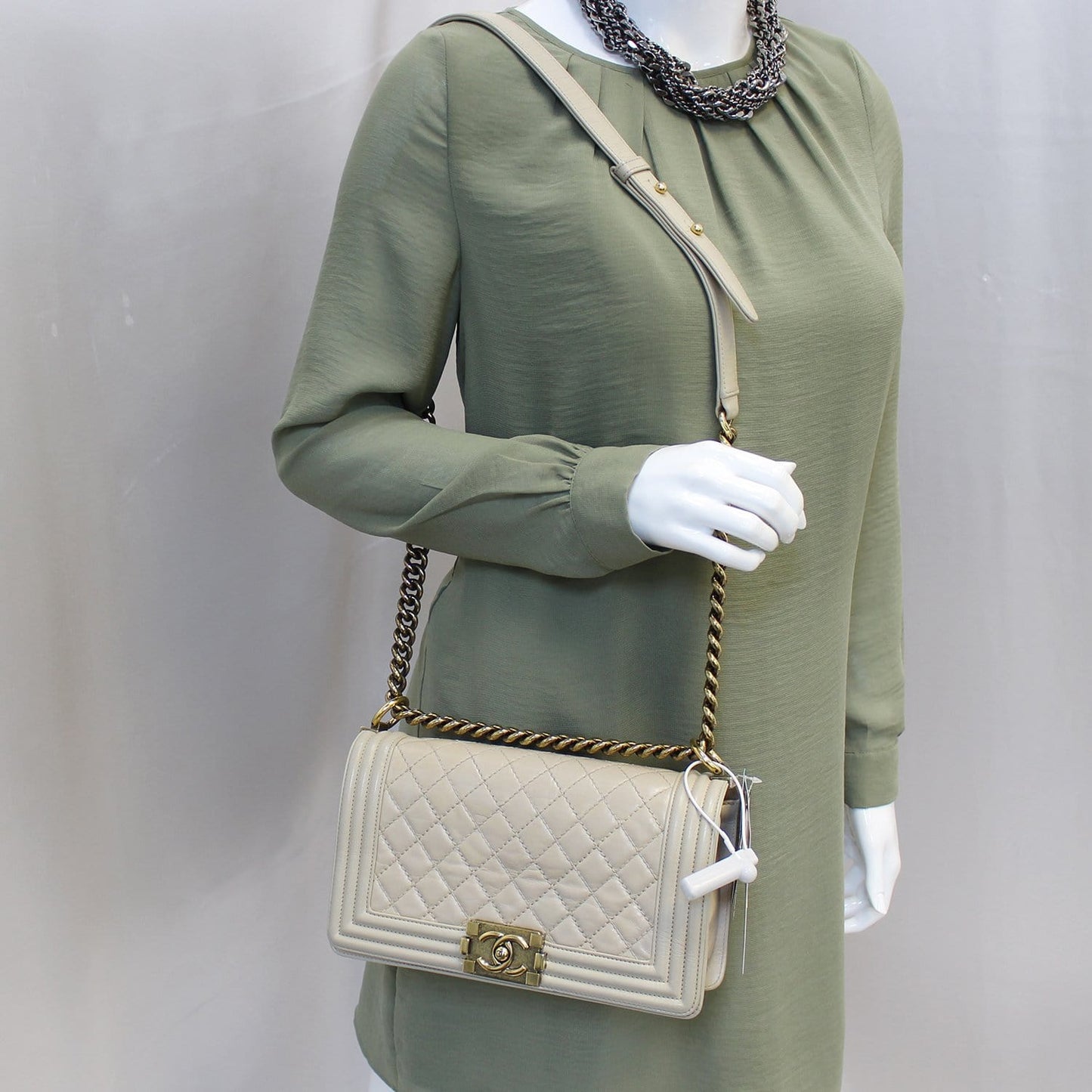 CHANEL Medium Boy Flap Quilted Leather Beige Shoulder Bag