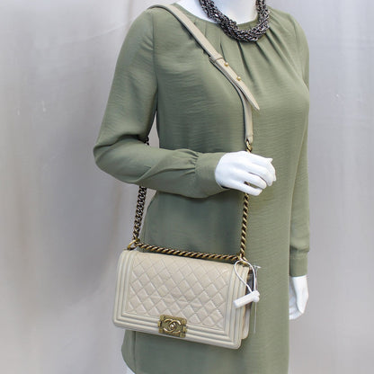 CHANEL Medium Boy Flap Quilted Leather Beige Shoulder Bag