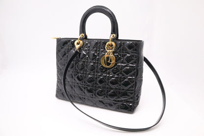 Dior Large Lady Dior in Black Cannage Patent Leather