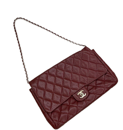 Chanel Shoulder Bag Large Red Caviar Leather Silver Chain