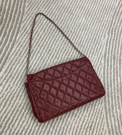 Chanel Shoulder Bag Large Red Caviar Leather Silver Chain