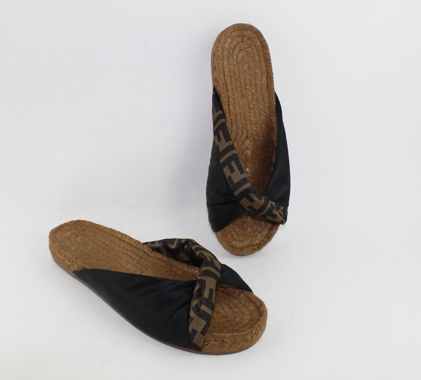 FENDI TWISTED SATIN ESPADRILLE SLIDE SANDALS
