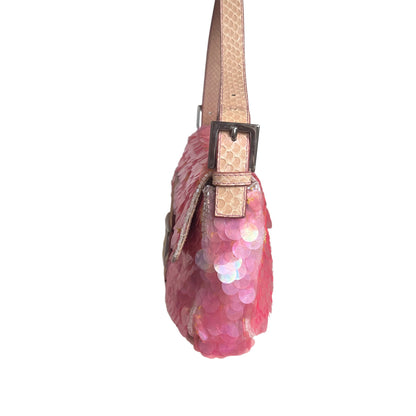 Fendi Baguette Pink Translucent Circular Sequins with Python-skin Leather Strap