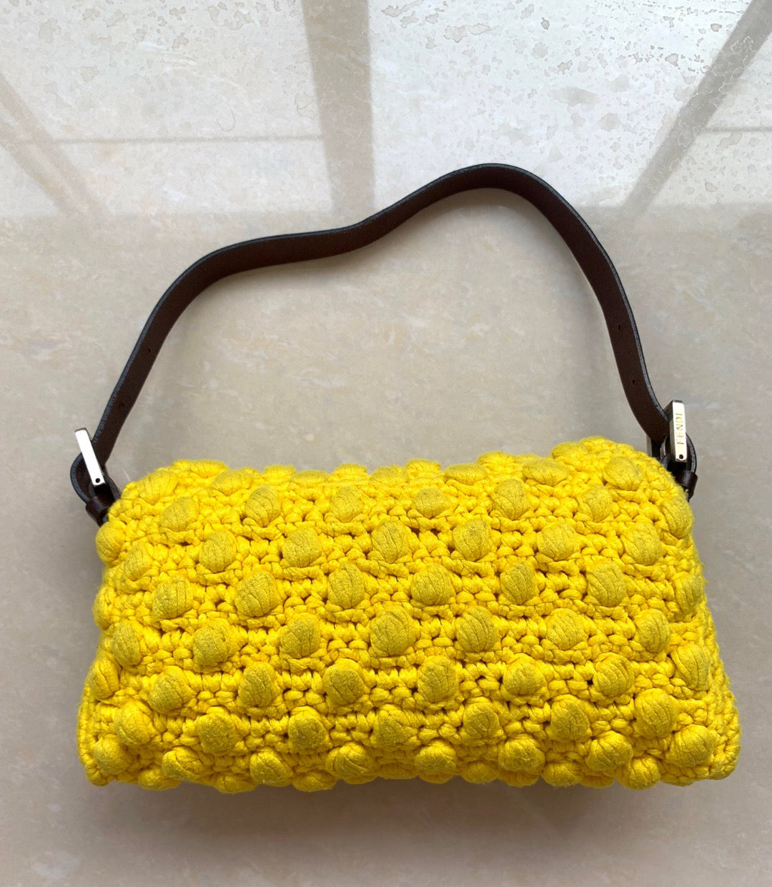 Fendi Baguette Bag Yellow Wool Pompom Shoulder Bag