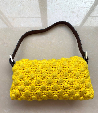Fendi Baguette Bag Yellow Wool Pompom Shoulder Bag