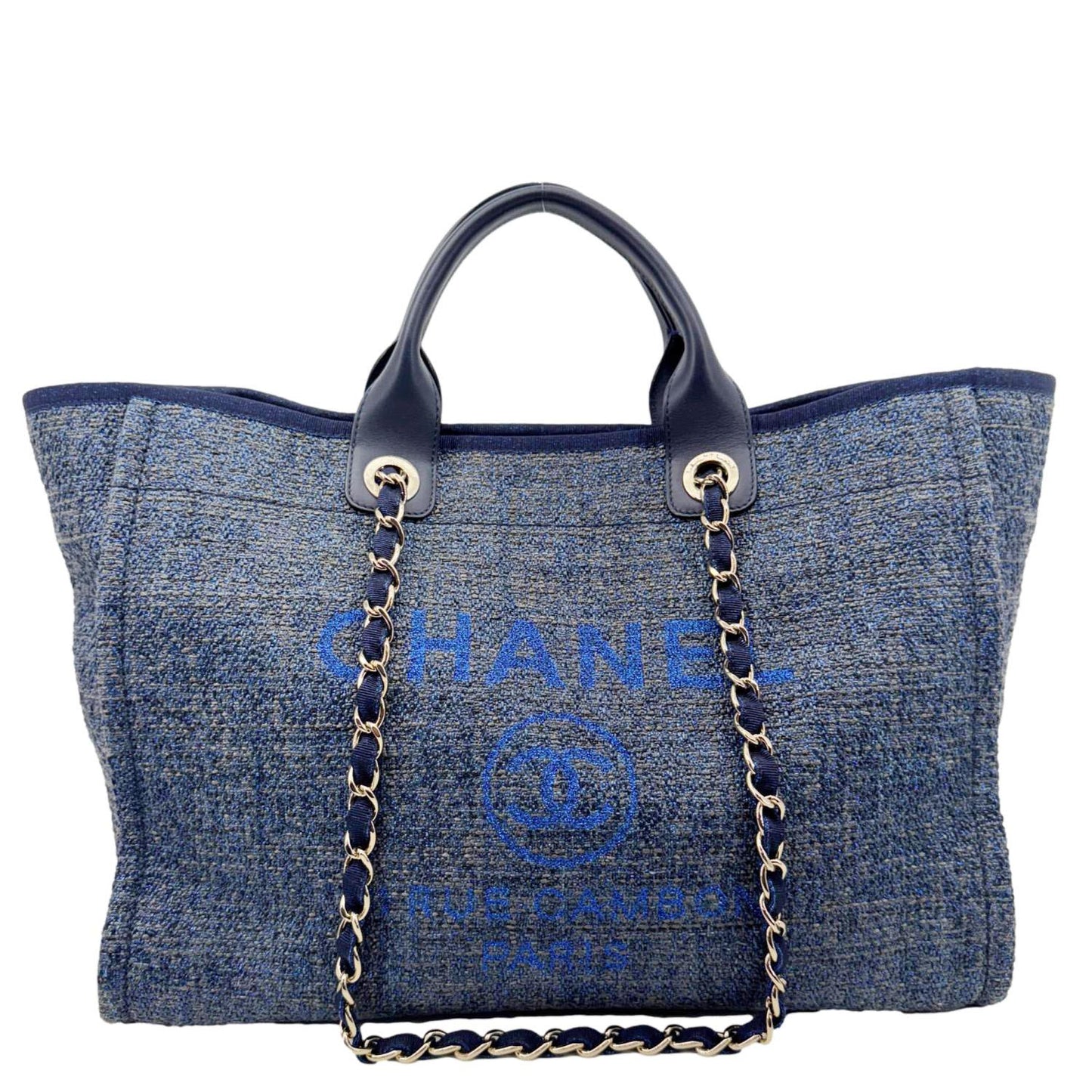 CHANEL Deauville Tweed Shopping Tote Bag Blue