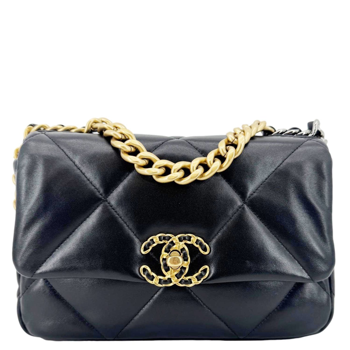 CHANEL 19 Flap Shiny Lambskin Leather Shoulder Bag Black