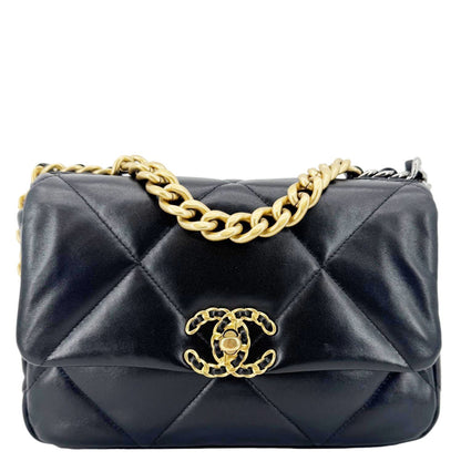 CHANEL 19 Flap Shiny Lambskin Leather Shoulder Bag Black