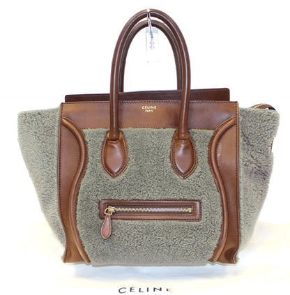 CELINE Grey Shearling Brown Leather Mini Luggage Tote Bag