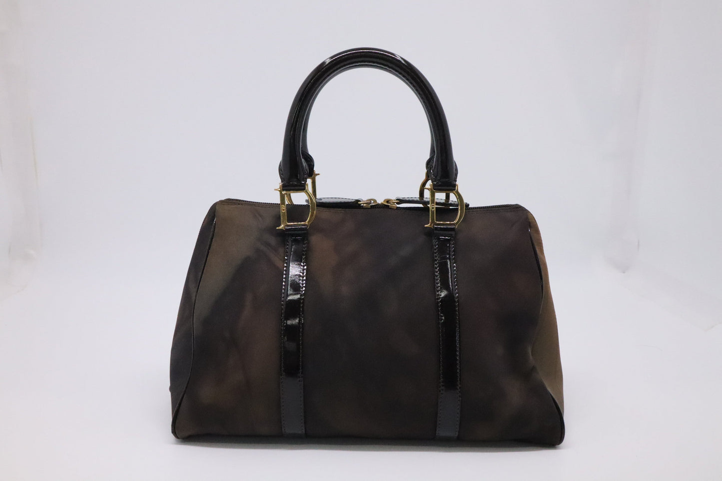 Dior Boston Bag in Brown Nylon and Black Patent Leather