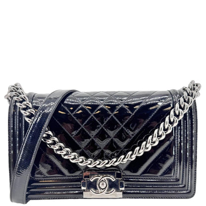 CHANEL Boy Flap Medium Chevron Patent Leather Crossbody Bag Black