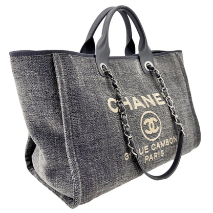 CHANEL Deauville Canvas Shopping Tote Bag Gray