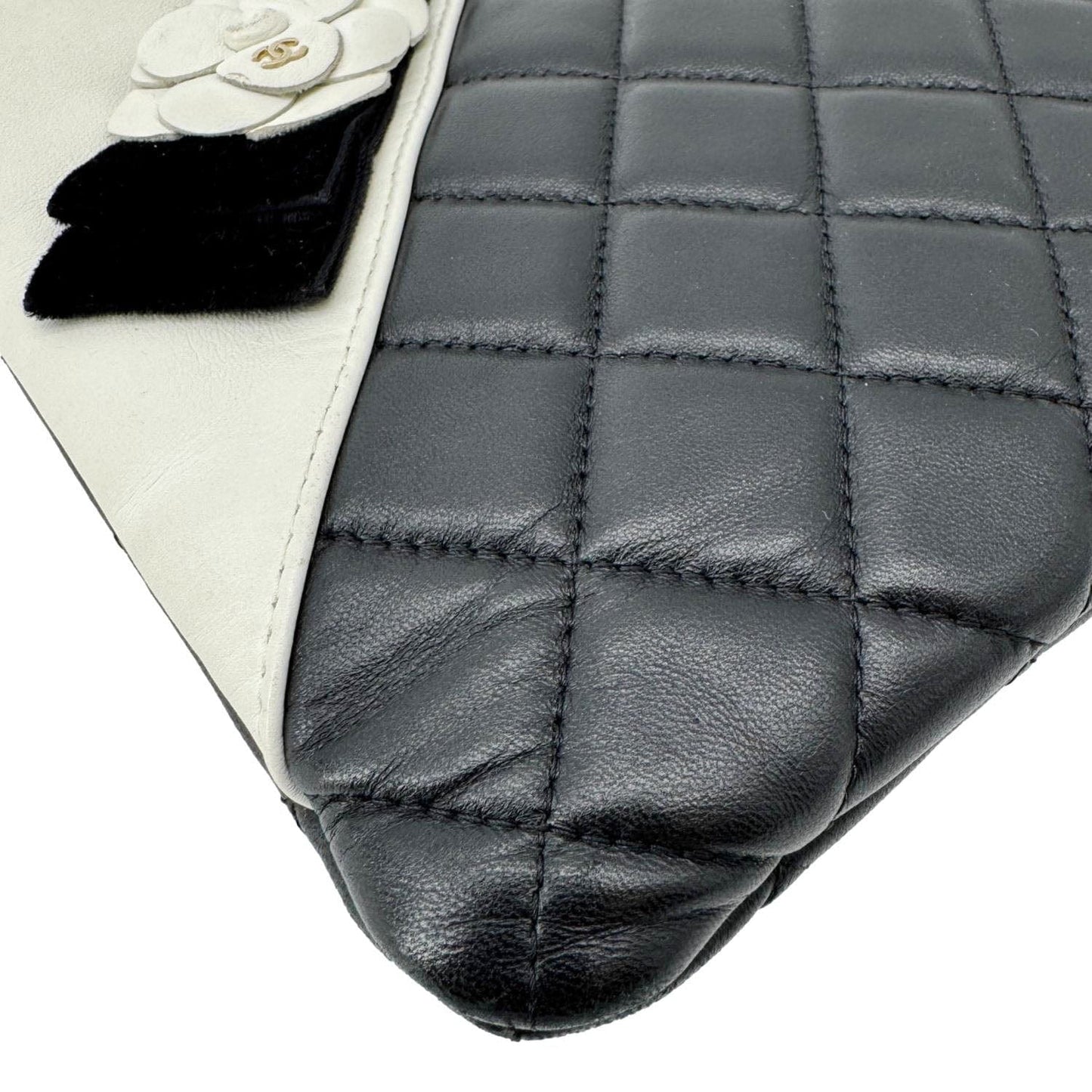 CHANEL Camellia O Case Medium Quilted Leather Clutch Black