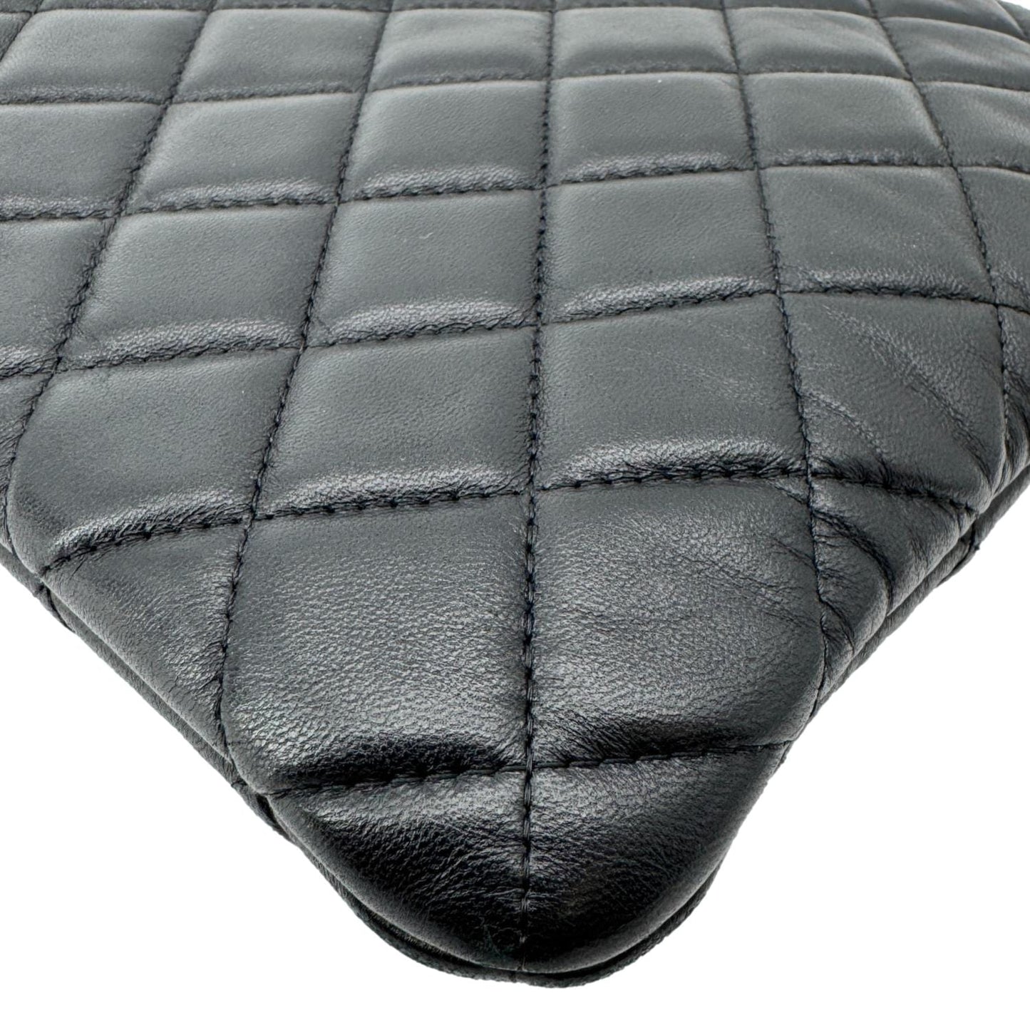 CHANEL Camellia O Case Medium Quilted Leather Clutch Black