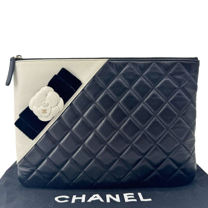 CHANEL Camellia O Case Medium Quilted Leather Clutch Black