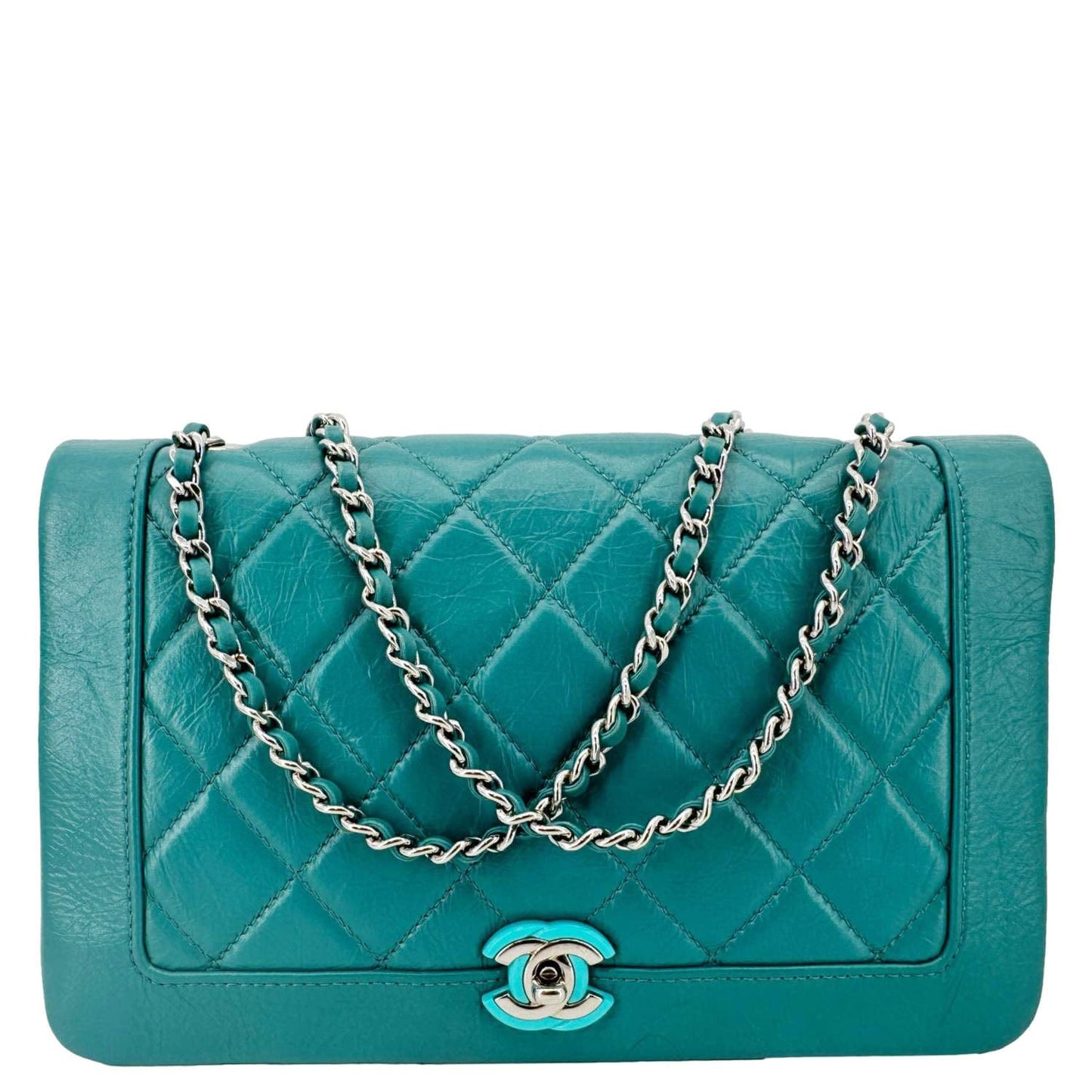 CHANEL Bi Vintage Full Flap Medium Quilted Crumpled Leather Crossbody Bag Aqua Blue
