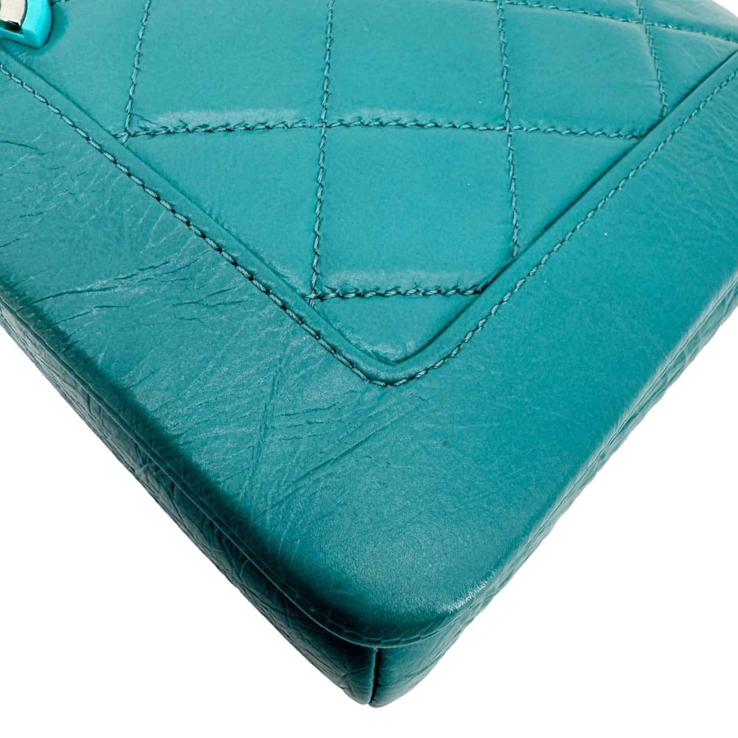 CHANEL Bi Vintage Full Flap Medium Quilted Crumpled Leather Crossbody Bag Aqua Blue