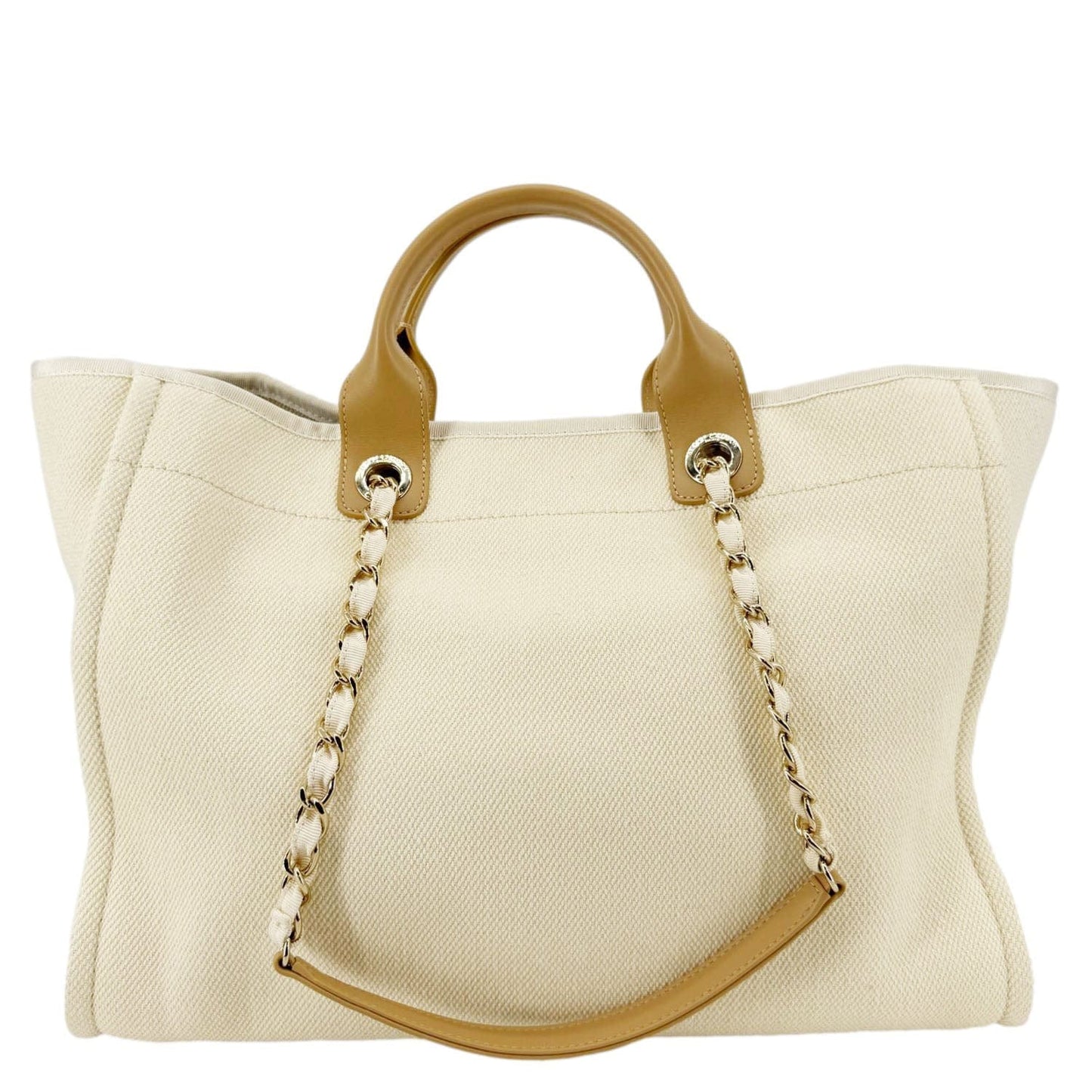 CHANEL Deauville Large Pearl Embellished Canvas Tote Bag Cream