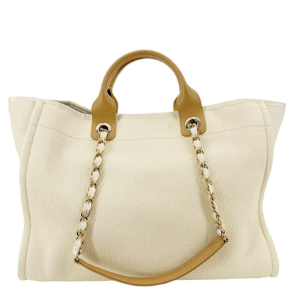 CHANEL Deauville Large Pearl Embellished Canvas Tote Bag Cream