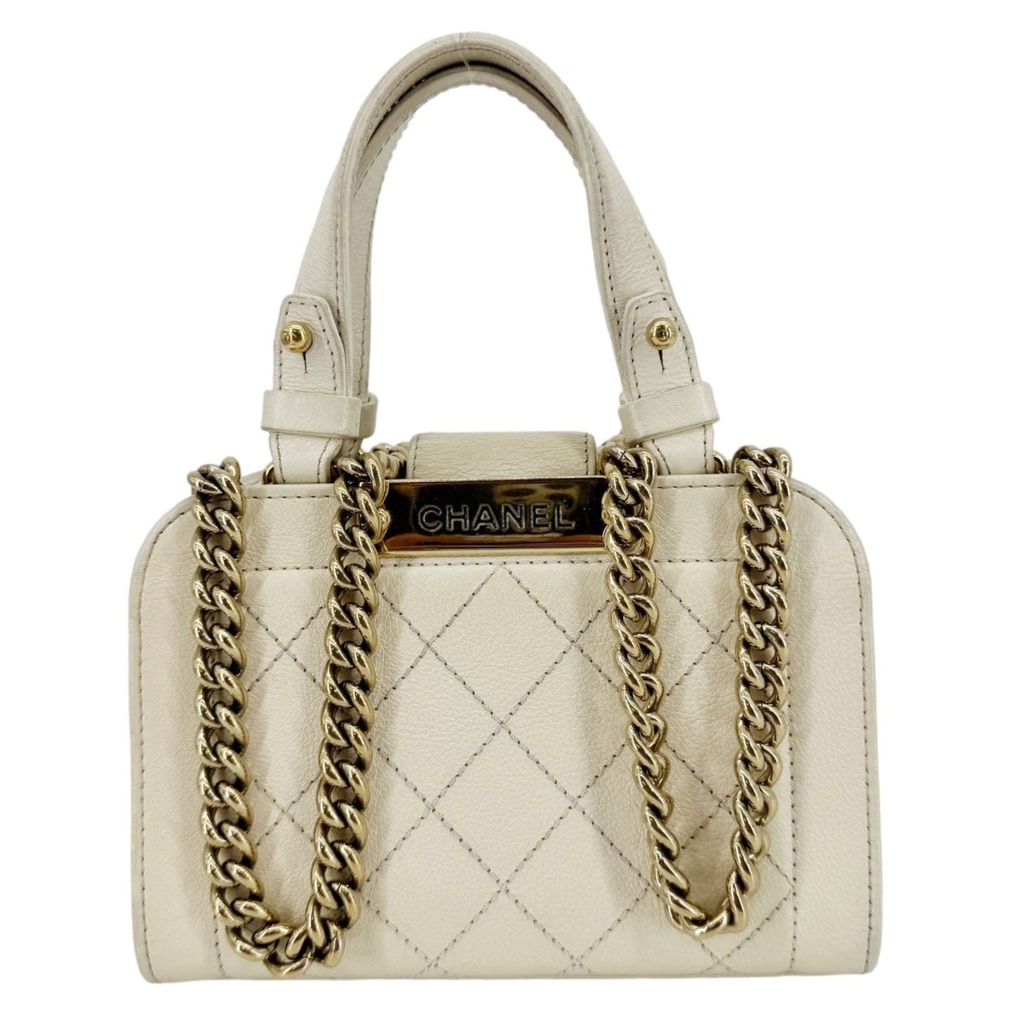 CHANEL Stitched Label Click Mini Quilted Leather Shopper Tote Cream